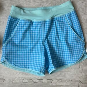 Lands' End Mint & Light Blue Gingham Swim Shorts.